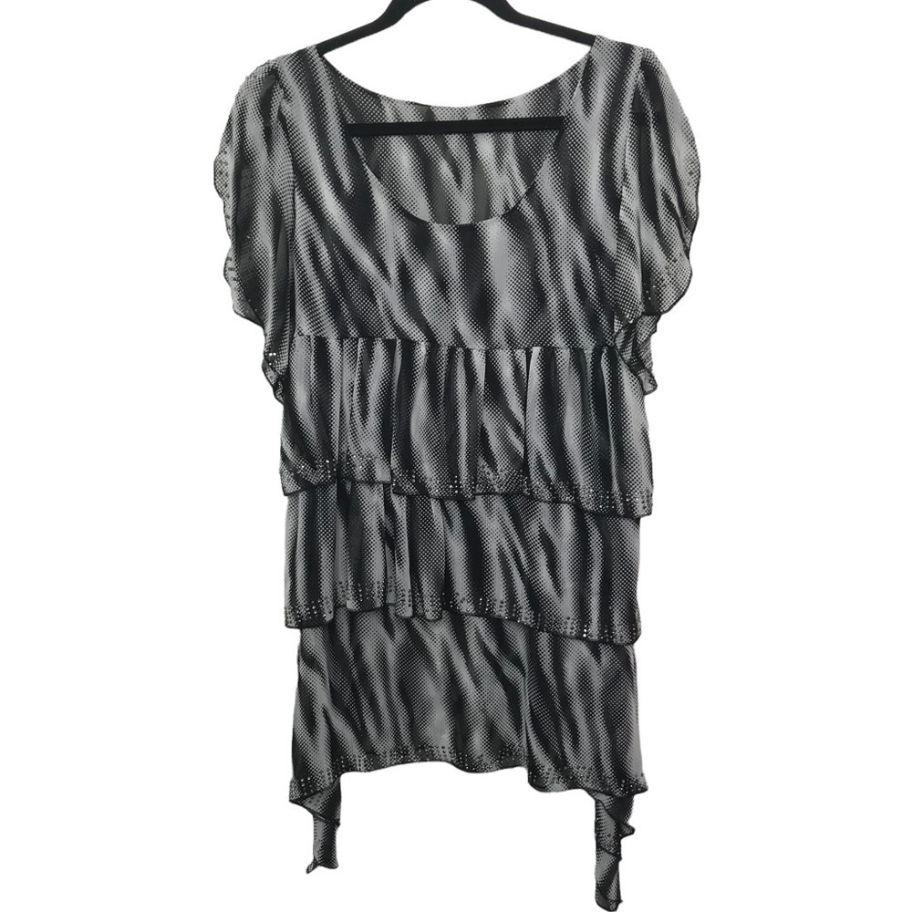 Black White Flowy Tunic Blouse With Bead Embellishments Approx XS
